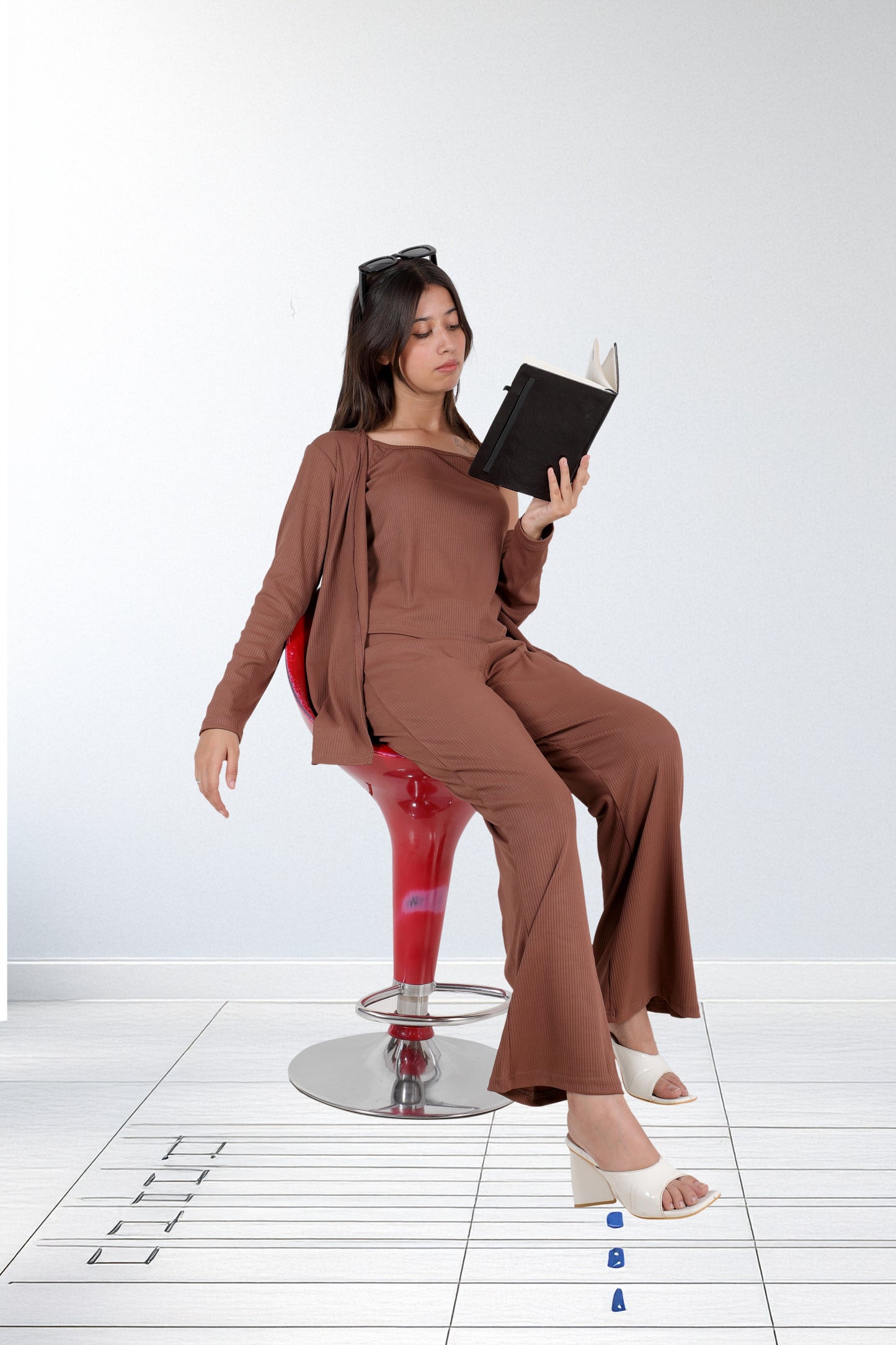 3-Piece Ribbed Mocha Lounge Set – Shrug, Tank, and Wide-Leg Pants