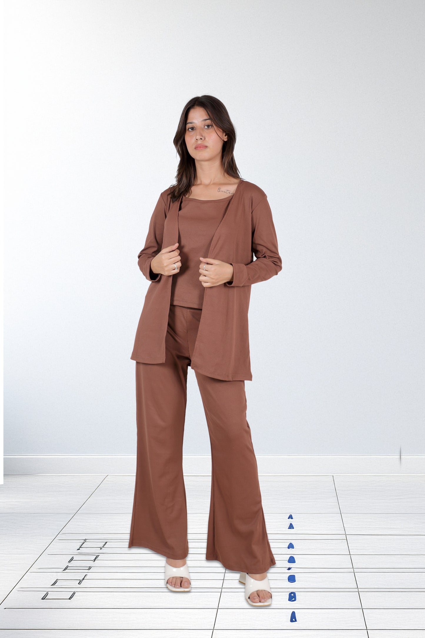 3-Piece Ribbed Mocha Lounge Set – Shrug, Tank, and Wide-Leg Pants