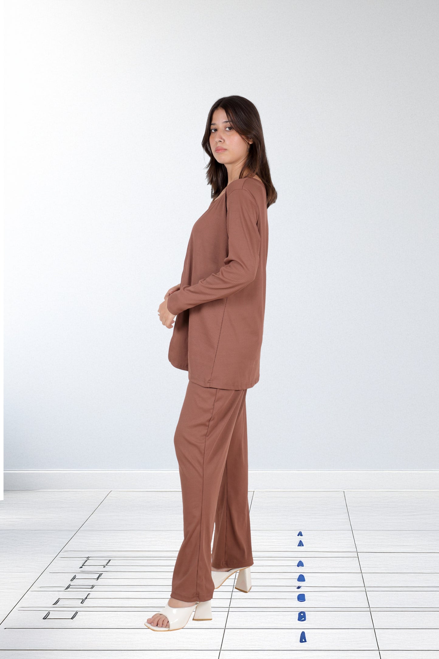 3-Piece Ribbed Mocha Lounge Set – Shrug, Tank, and Wide-Leg Pants