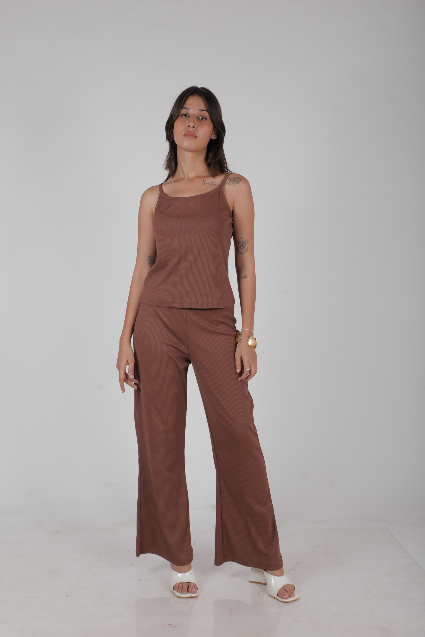 3-Piece Ribbed Mocha Lounge Set – Shrug, Tank, and Wide-Leg Pants