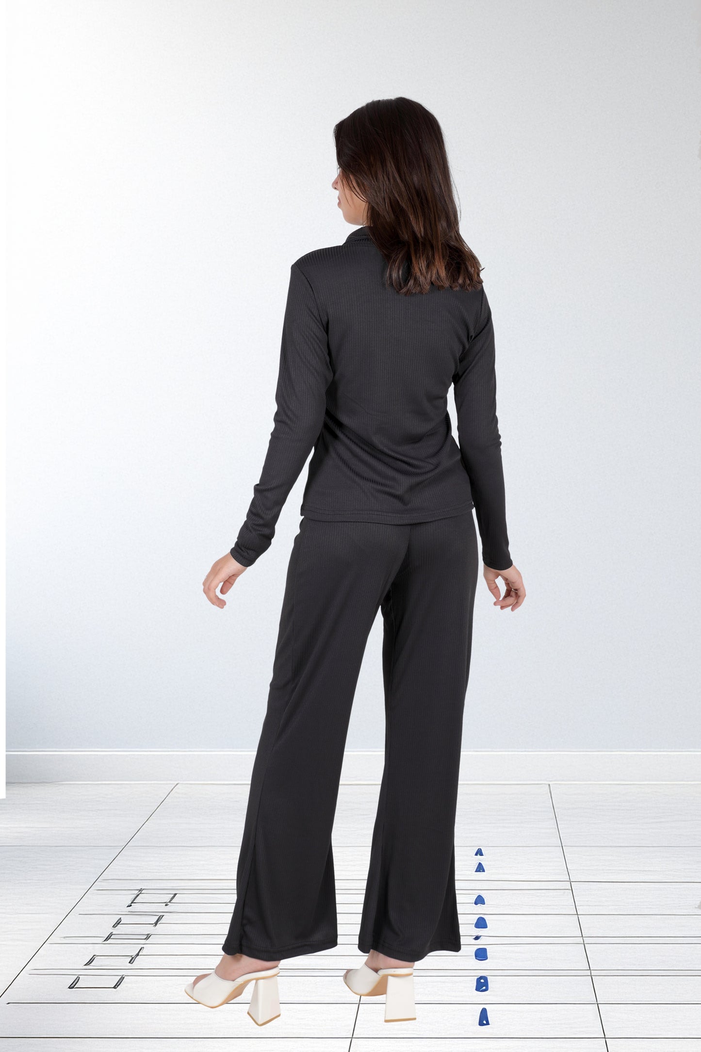 Ribbed Black Lounge Set – Comfy and Stylish Collared Top and Wide-Leg Pants